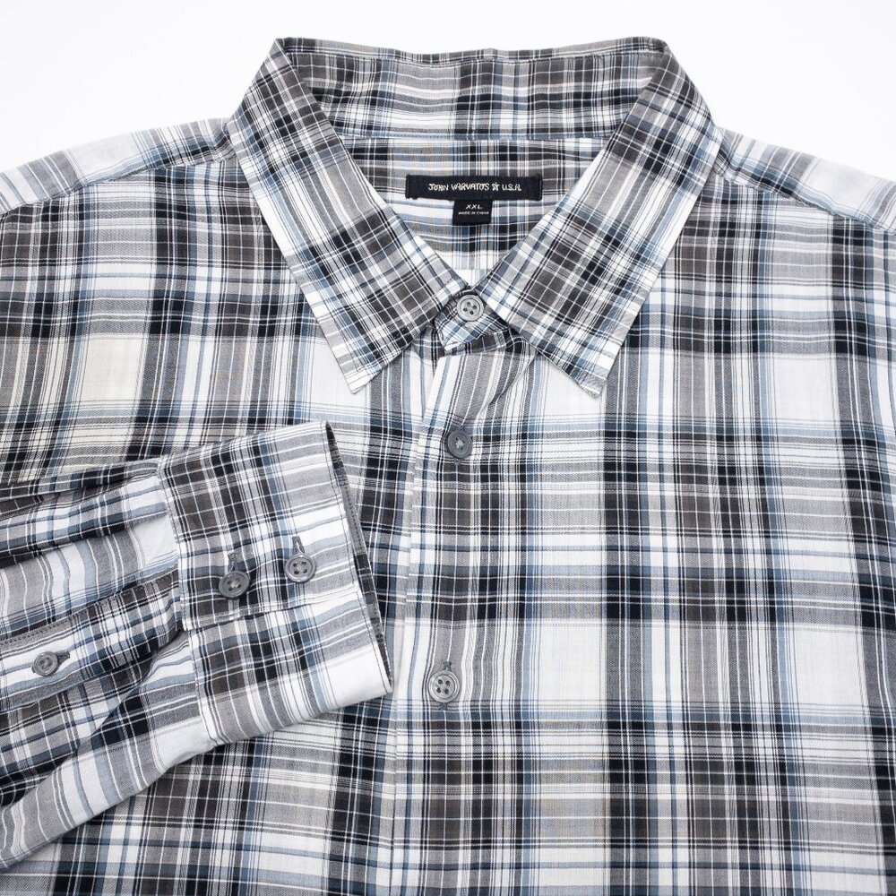 John Varvatos USA Shirt Men's 2XL Long Sleeve Plaid Button-Down Casual Gray